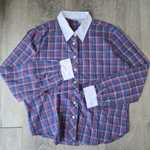 VTG Huk-A-Poo Women 9/10 Plaid Shirt Button Down Retro Top Blue Red White Collar